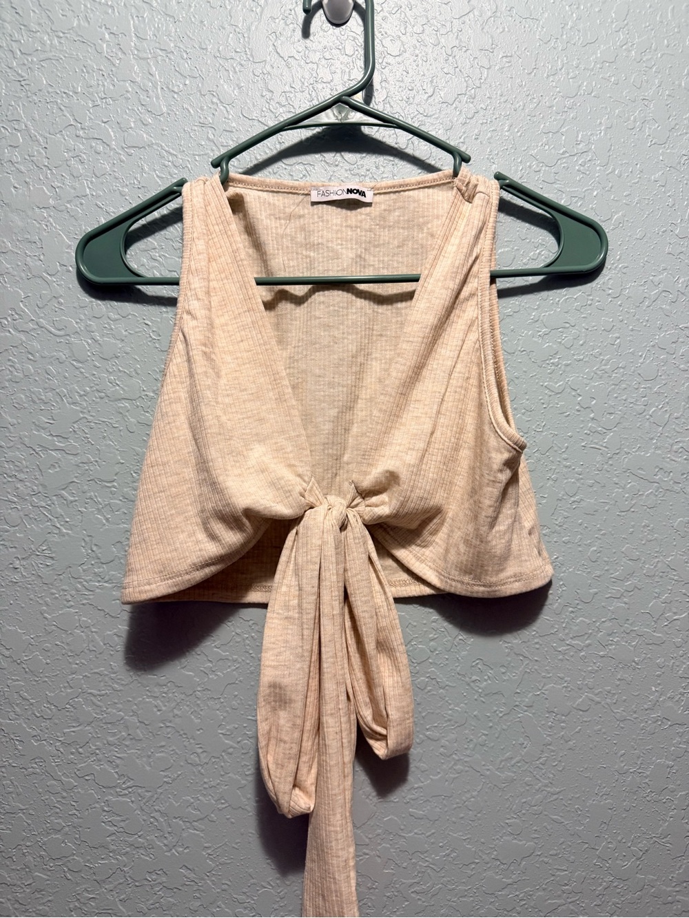 Fashion Nova Beige Tie-Front Ribbed Crop Top